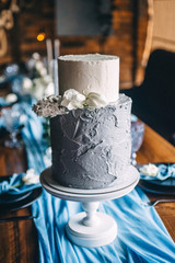 These photos show a wedding decor, a festive table setting. Table setting newlyweds. Wine glasses, glasses, wedding cake.