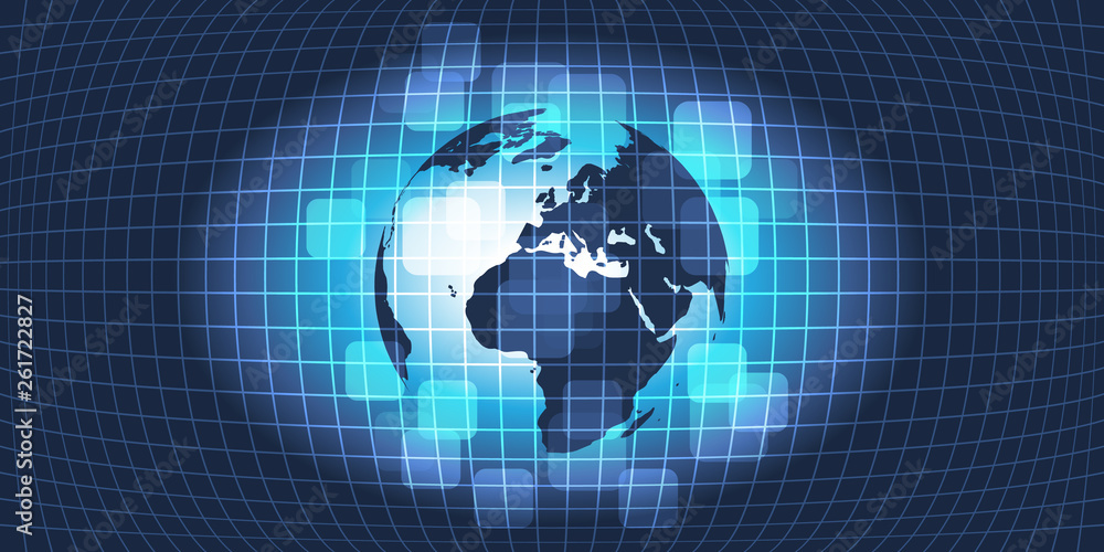 Poster dark abstract global technology, networking and cloud computing design concept with globe and grid p