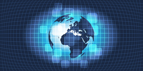 Fototapeta na wymiar Dark Abstract Global Technology, Networking and Cloud Computing Design Concept with Globe and Grid Pattern - Digital Network Connections, Technology Background 