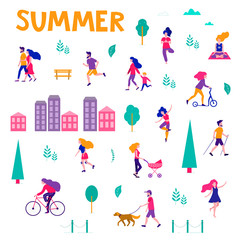 Fototapeta premium Different activities of people in the summer city. People in the park. Vector flat illustration.