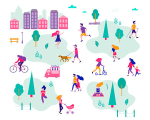 Different activities of people in the summer city. People in the park. Vector flat illustration.