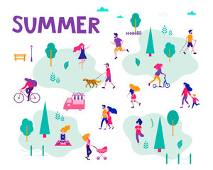Different activities of people in the summer city. People in the park. Vector flat illustration.