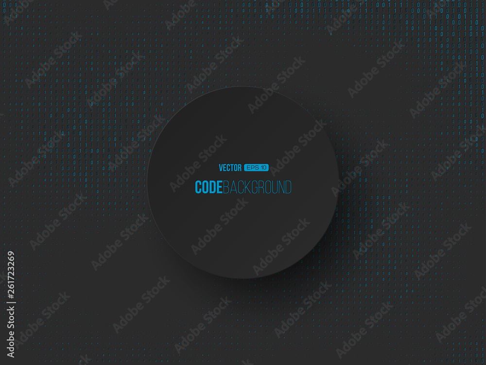 Poster binary code digital technology concept. circle 3d paper label in center, black background. vector il