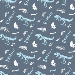 Dinosaur skeleton and fossils. Vector seamless pattern. Original design with t-rex, dinosaur bones, stones, traces, plants. Print for T-shirts, textiles, web. Grey background.