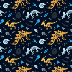 Dinosaur skeleton and fossils. Vector seamless pattern. Original design with dinosaur bones, stones, traces, plants and eggs. Print for T-shirts, textiles, web.Black background.