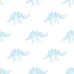 Dinosaur skeleton and fossils. Vector seamless pattern. Original blue design with stegosaurus. Print for T-shirts, textiles, web. White background.