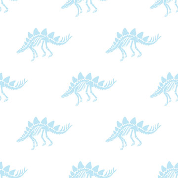 Dinosaur skeleton and fossils. Vector seamless pattern. Original blue design with stegosaurus. Print for T-shirts, textiles, web. White background.