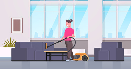 housewife cleaning armchair with vacuum cleaner smiling girl doing housework concept modern apartment living room interior female cartoon character full length horizontal