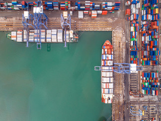 Top view of Container port and container ship transportation