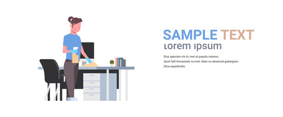 housewife cleaning computer table with duster woman wiping workplace desk girl dusting housework concept female cartoon character full length flat horizontal white background copy space