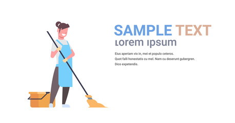 woman in gloves and apron washing floor girl using mop housewife doing housework cleaning concept flat horizontal copy space white background full length