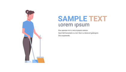 housewife sweeping floor with broom and scoop young girl doing housework housecleaning concept female cartoon character full length flat horizontal white background copy space