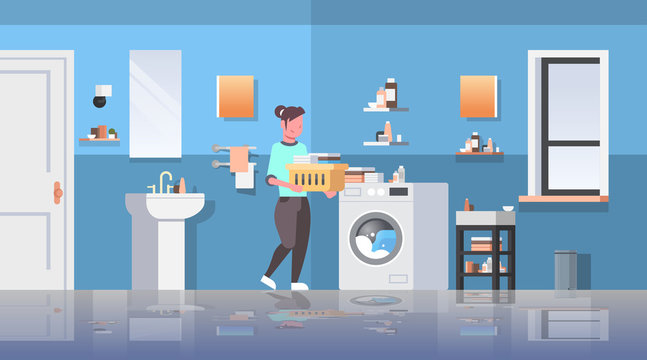 woman with basket of clothes standing near washing machine housewife doing housework modern bathroom interior cartoon character full length flat horizontal