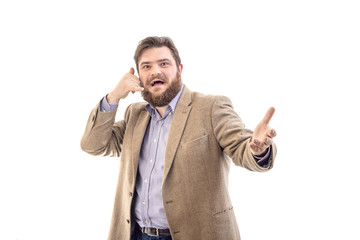 Portrait of funny big handsome smiling bearded business man in beige suit, isolated on white