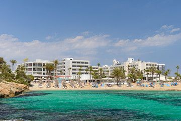 May 2, 2014: Hotel Adams Beach with the beach on the Mediterranean Sea. Cyprus. Ayia Napa.