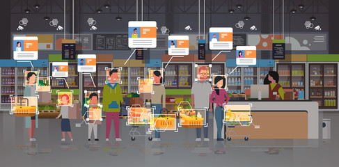 grocery shop customers identification surveillance cctv facial recognition concept mix race people standing line queue at cash desk modern supermarket interior security camera system horizontal