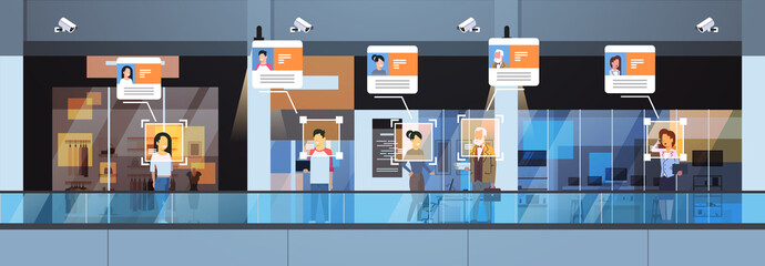 retail store visitors identification facial recognition concept modern shopping mall interior security camera surveillance cctv system horizontal banner full length