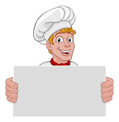 A chef cook or baker holding a sign board with copyspace cartoon