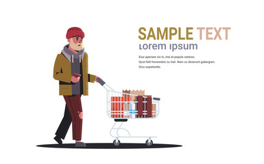 poor man pushing trolley cart with belongings guy walking street begging for help beggar holding paper cup homeless concept white background horizontal full length copy space