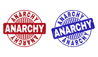 Grunge ANARCHY round stamp seals isolated on a white background. Round seals with grunge texture in red and blue colors. Vector rubber imprint of ANARCHY text inside circle form with stripes.