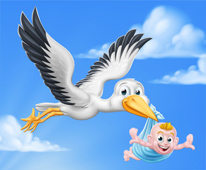 A stork or crane cartoon bird flying through the sky carrying a new born baby as in the pregnancy myth.