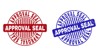 Grunge APPROVAL SEAL round stamp seals isolated on a white background. Round seals with grunge texture in red and blue colors.