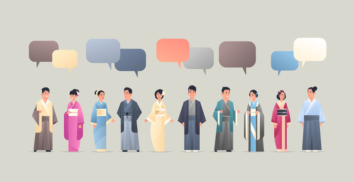 asian men women wearing traditional clothes chat bubble communication concept people in national ancient costumes chinese or japanese cartoon characters full length flat horizontal