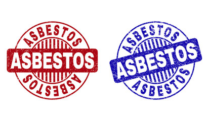 Grunge ASBESTOS round stamp seals isolated on a white background. Round seals with grunge texture in red and blue colors. Vector rubber overlay of ASBESTOS caption inside circle form with stripes.