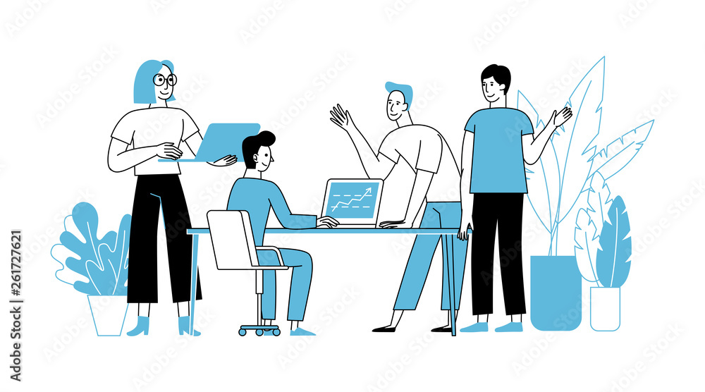 Poster Vector illustration in simple flat linear style with smiling cartoon characters - teamwork and cooperation concept