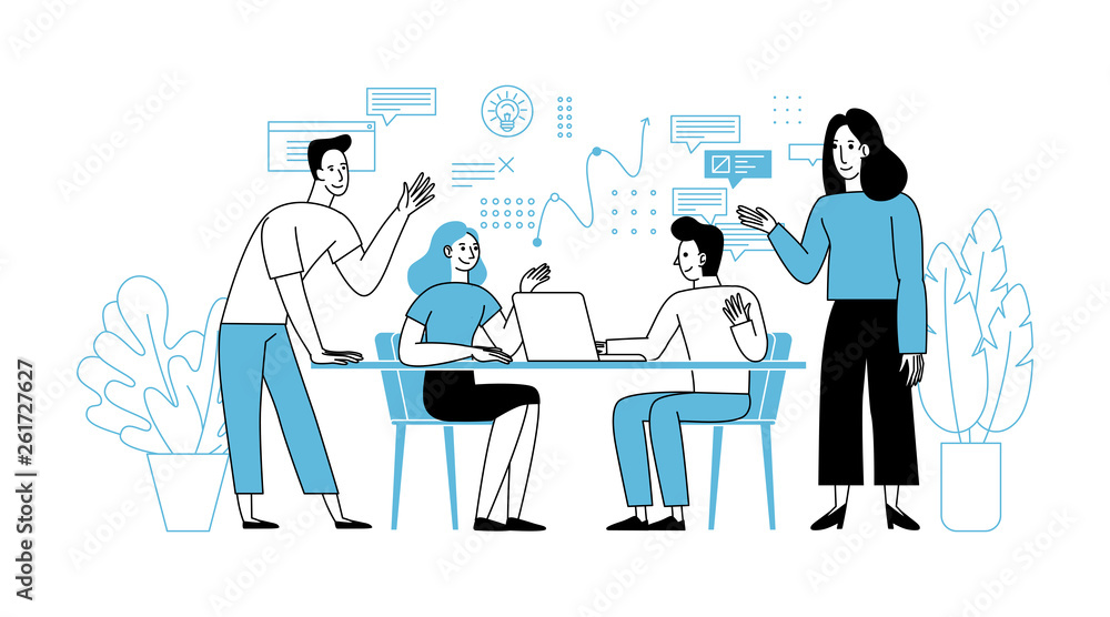 Poster Vector illustration in simple flat linear style with smiling cartoon characters - teamwork and cooperation concept