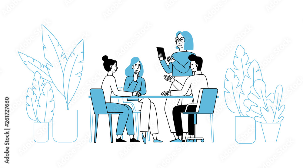 Poster Vector illustration in simple flat linear style with smiling cartoon characters - teamwork and cooperation concept