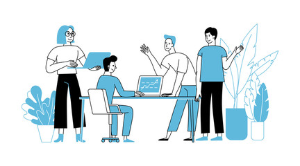 Vector illustration in simple flat linear style with smiling cartoon characters - teamwork and cooperation concept