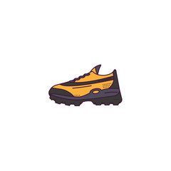 Fictional modern sneakers model side view. Linear style vector illustration. Shoes banner. Sneaker sport style illustration. Lines and dots. Yellow and black colors.