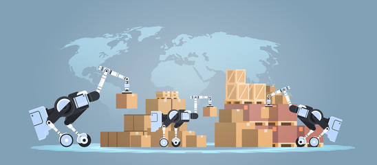 robots loading cardboard boxes hi-tech smart factory warehouse logistics automation technology concept modern robotic cartoon characters world map background flat horizontal © mast3r