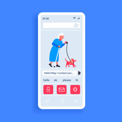 senior woman walking with dog in muzzle best friend concept grandmother and animal pet having fun online mobile social network communication app smartphone screen flat