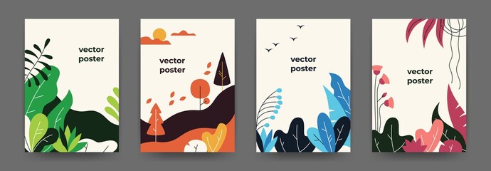 Flat plant posters. Gradient abstract geometric banners with copy space floral frames, jungle leaves and plants. Vector cover landscape design