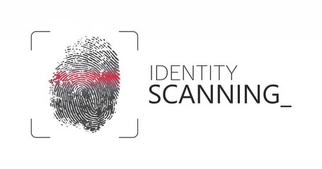 Generic but realistic fingerprint scan with a red bar going up and down the thumb mark and the words 'Identity Scanning' on the side and a text cursor blinking. White background for luma key edits. - Powered by Adobe