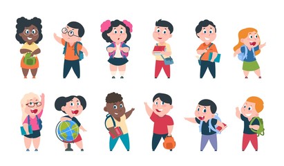 School kids. Cartoon children with books and school supplies, happy cute boys and girls pupils characters. Vector school study education set