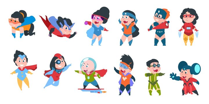 Superhero kids. Boys and girls in comic superhero costumes for party, cute children wearing colorful costumes. Vector characters superheroes
