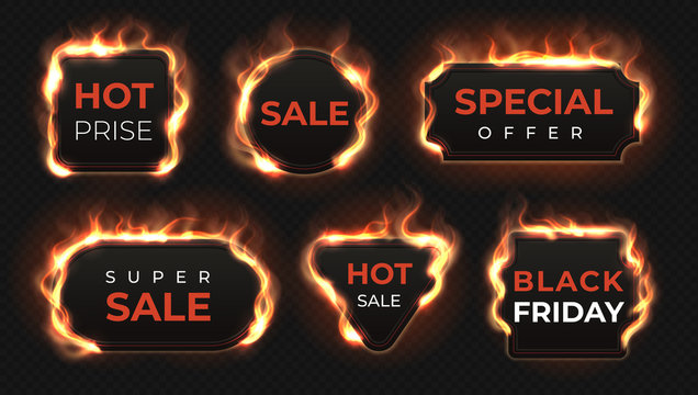 Realistic fire labels. Hot deal and sale offer text banners with shiny flame effect, isolated design objects. Vector burning commercial labels set