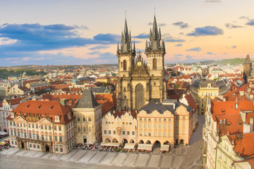 Beautiful view of the Old Town Square, and Tyn Church in Prague, Czech Republic