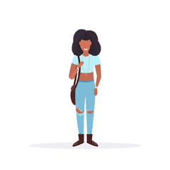 happy casual woman standing pose smiling african american girl holding handbag female cartoon character full length flat white background