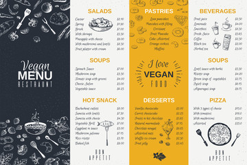 Hand drawn restaurant menu. Food cooking vintage template, doodle breakfast and diner cafe flyer. Vector menu card poster vintage design - obrazy, fototapety, plakaty