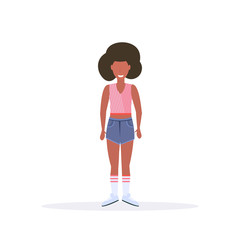 happy casual woman standing pose smiling african american girl female cartoon character full length flat white background