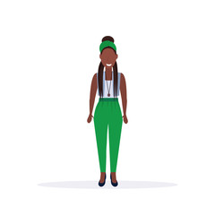 happy casual woman standing pose smiling african american female cartoon character full length flat white background