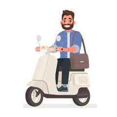 Bearded man riding a scooter to work. The vehicle in the metropolis. Vector illustration
