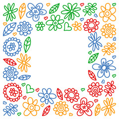 Vector set of child drawing flowers icons in doodle style. Painted, colorful, pictures on a piece of paper on white background.