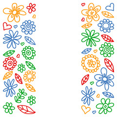 Vector set of child drawing flowers icons in doodle style. Painted, colorful, pictures on a piece of paper on white background.