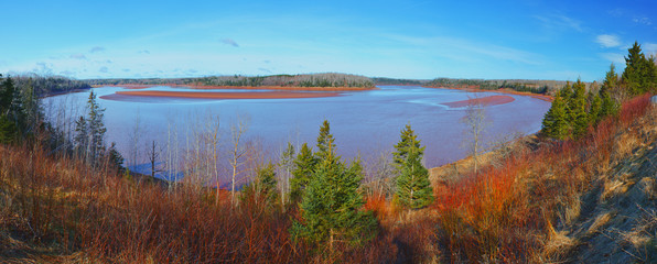 Panoramic view of Shubenacadie River from Cadell Rapids Lookoff, Nova Scotia.