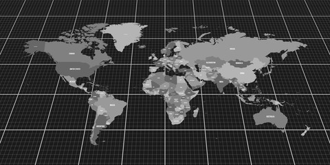 Geopolitical map of World. Bottom perspective view with background grid. Vector illustration